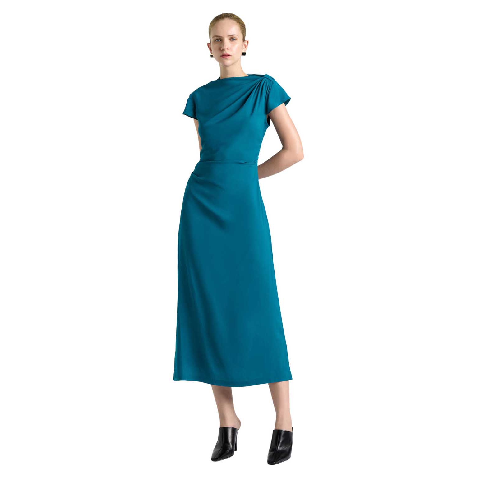 Cue Teal Stretch Viscose Draped Neck Midi Dress